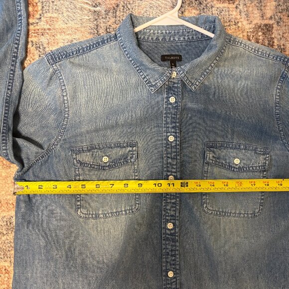 Talbots Women's Classic Blue Chambray Denim Button-Front Tab-Sleeve Shirt Top XL - Picture 8 of 11